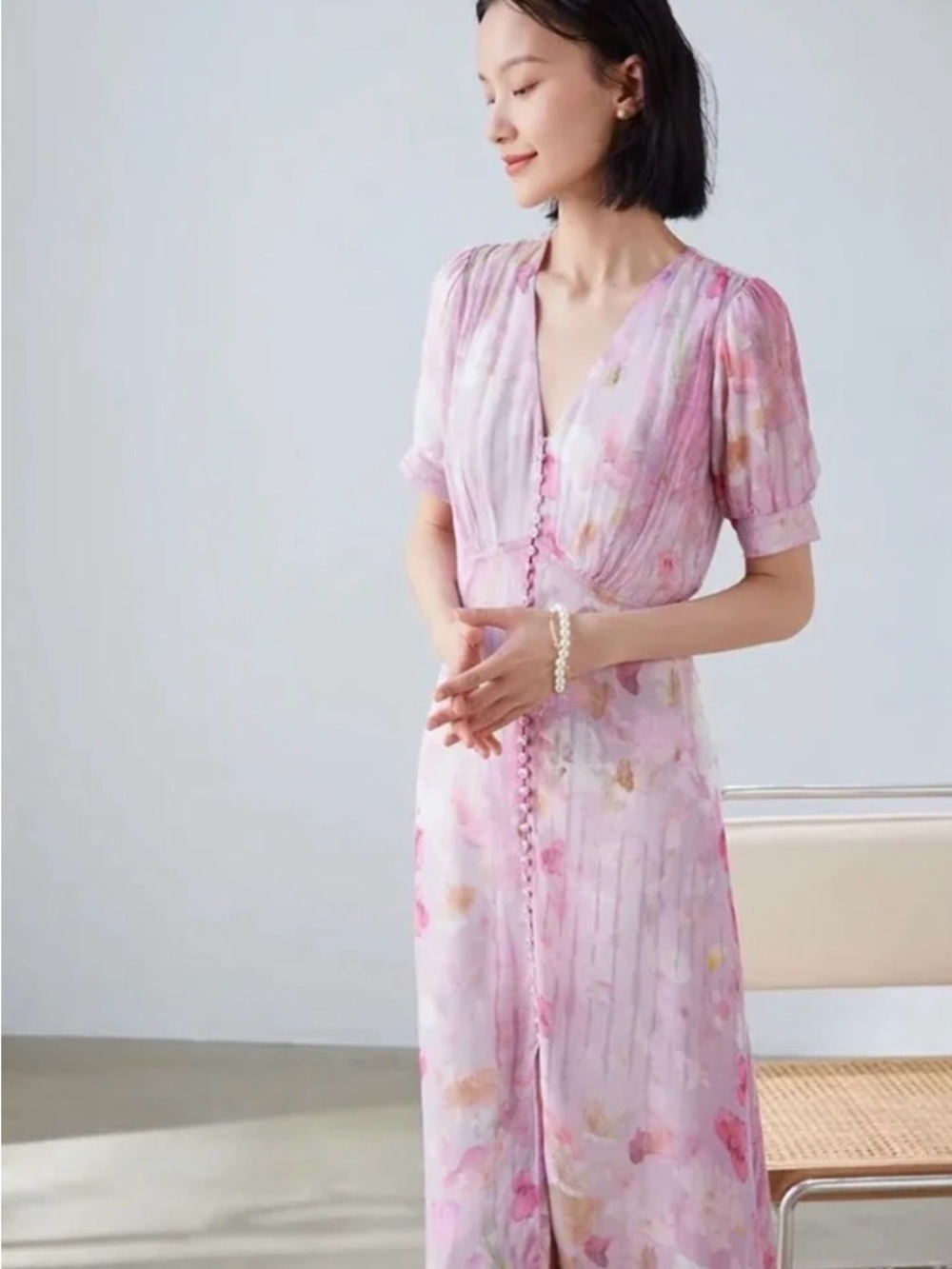 Maje Women’s Size 1 Pink Floral V-Neck Puff Sleeve Button Front Midi Dress